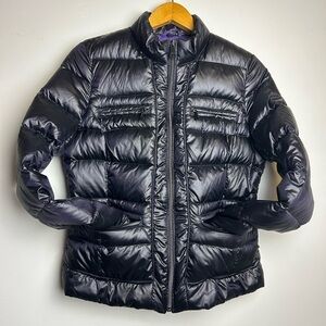 Y2K Bebe Down Puffer Bomber Jacket Women's Sp Black Shiny Purple inside pocket
